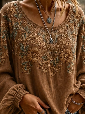 Crew Neck Long Sleeve Floral Printing Lightweight Micro-Elasticity Loose Blouse For Women - Image 9
