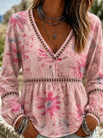 Vintage Floral V Neck Long Sleeve T-shirt - Image 5