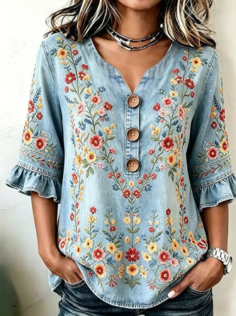 V Neck Half Sleeve Floral Printing Regular Micro-Elasticity Regular Fit Blouse For Women