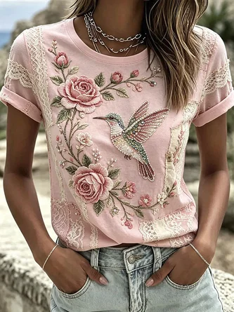 Casual Floral Crew Neck Short Sleeve T-shirt