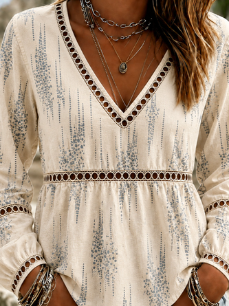 Vintage Geometric V Neck Long Sleeve T-shirt - Image 2