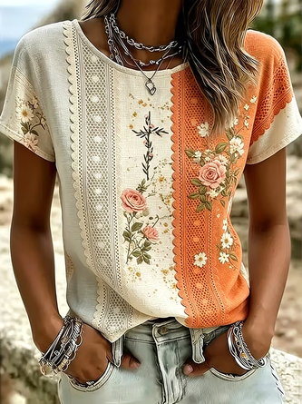 Casual Floral Crew Neck Short Sleeve T-shirt 4 Casual Floral Crew Neck Short Sleeve T-shirt - Image 4