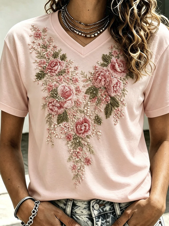 Casual Floral V Neck Short Sleeve T-shirt - Image 2