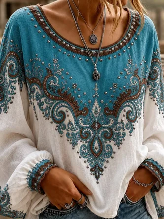 Crew Neck Long Sleeve Floral Printing Lightweight Micro-Elasticity Loose Blouse For Women - Image 3