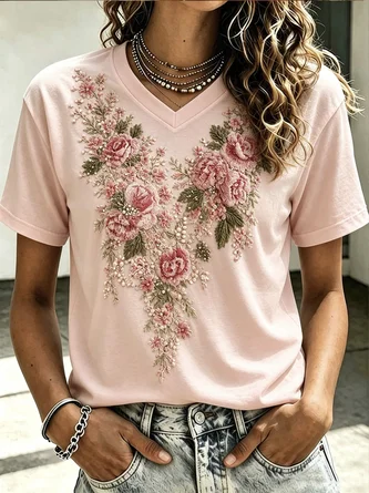 Casual Floral V Neck Short Sleeve T-shirt