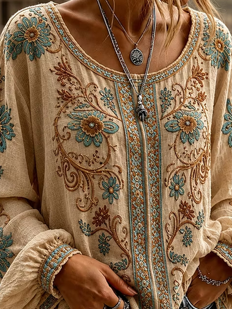Crew Neck Long Sleeve Floral Printing Lightweight Micro-Elasticity Loose Blouse For Women - Image 3