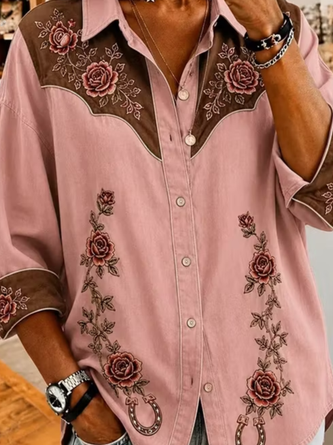 Shawl Collar Long Sleeve Floral Lightweight Regular Fit Shirt For Women - Image 3
