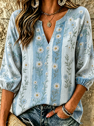 V Neck Three Quarter Sleeve Floral Printing Lightweight Micro-Elasticity Loose Blouse For Women - Image 2