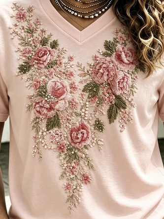 Casual Floral V Neck Short Sleeve T-shirt - Image 3