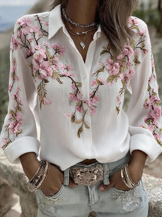 Shirt Collar Long Sleeve 3D Printing Regular Micro-Elasticity Regular Fit Shirt For Women