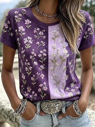 Casual Floral Crew Neck Short Sleeve T-shirt