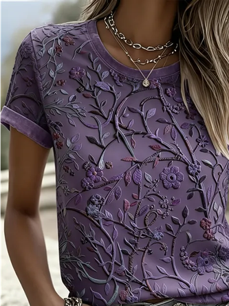 Casual Floral Crew Neck Short Sleeve T-shirt - Image 2