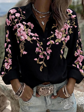 Shirt Collar Long Sleeve 3D Printing Regular Micro-Elasticity Regular Fit Shirt For Women - Image 5