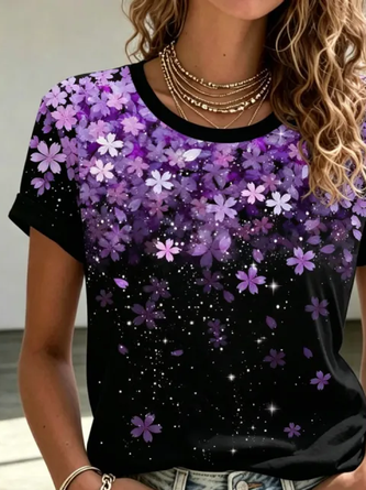 Casual Floral Crew Neck Short Sleeve T-shirt - Image 3