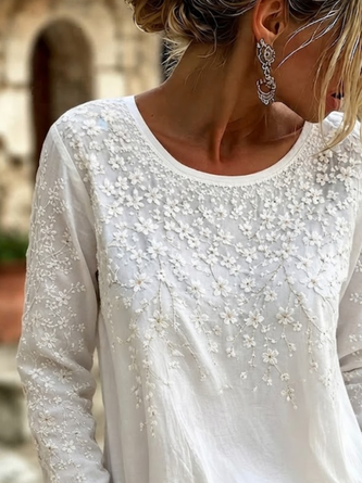 Casual Floral Crew Neck Long Sleeve T-shirt - Image 3