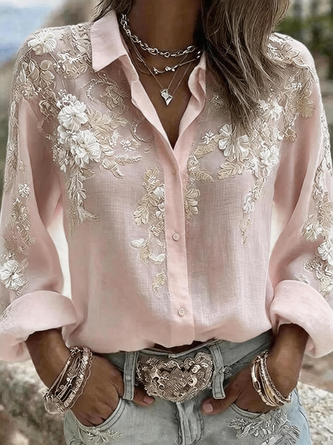 Shirt Collar Long Sleeve 3D Printing Regular Micro-Elasticity Regular Fit Shirt For Women - Image 2