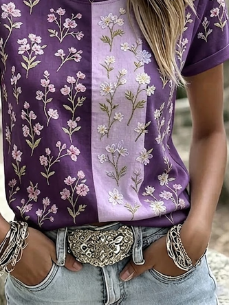 Casual Floral Crew Neck Short Sleeve T-shirt - Image 3