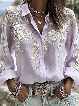 Shirt Collar Long Sleeve 3D Printing Regular Micro-Elasticity Regular Fit Shirt For Women - Image 6