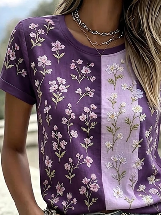 Casual Floral Crew Neck Short Sleeve T-shirt - Image 2
