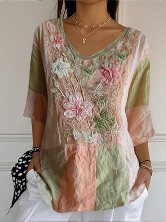 Casual Floral V Neck Three Quarter Sleeve T-shirt