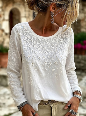 Casual Floral Crew Neck Long Sleeve T-shirt - Image 2