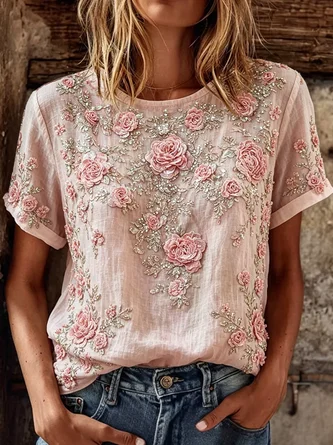 Casual Floral Crew Neck Short Sleeve T-shirt