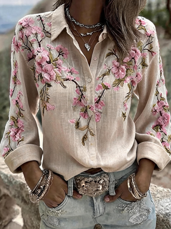 Shirt Collar Long Sleeve 3D Printing Regular Micro-Elasticity Regular Fit Shirt For Women - Image 6