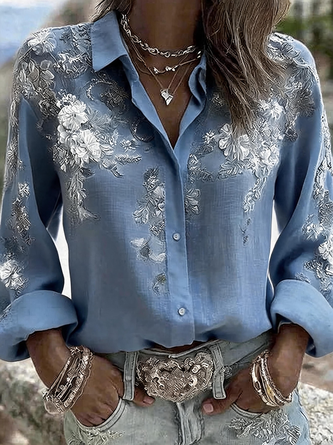 Shirt Collar Long Sleeve 3D Printing Regular Micro-Elasticity Regular Fit Shirt For Women - Image 3
