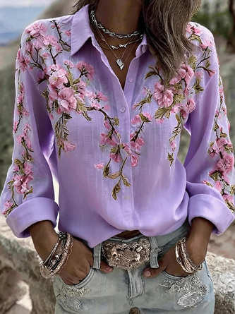 Shirt Collar Long Sleeve 3D Printing Regular Micro-Elasticity Regular Fit Shirt For Women - Image 7