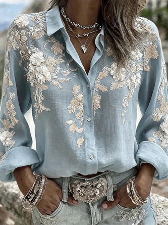 Shirt Collar Long Sleeve 3D Printing Regular Micro-Elasticity Regular Fit Shirt For Women - Image 8