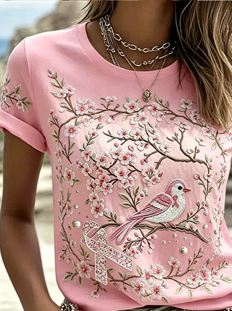 Casual Floral Crew Neck Short Sleeve T-shirt - Image 2