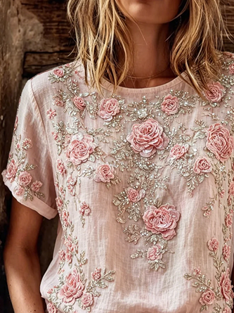 Casual Floral Crew Neck Short Sleeve T-shirt - Image 3