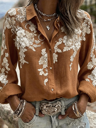 Shirt Collar Long Sleeve 3D Printing Regular Micro-Elasticity Regular Fit Shirt For Women - Image 4