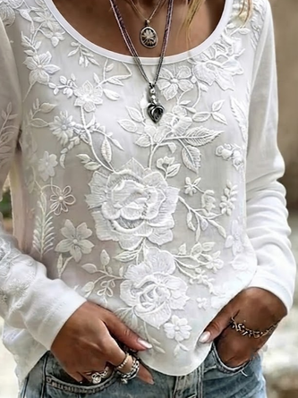 Casual Floral Crew Neck Long Sleeve T-shirt - Image 3