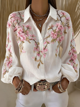 Shirt Collar Long Sleeve 3D Printing Regular Micro-Elasticity Regular Fit Shirt For Women - Image 3