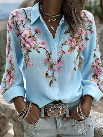 Shirt Collar Long Sleeve 3D Printing Regular Micro-Elasticity Regular Fit Shirt For Women - Image 9