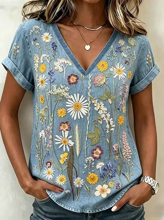 Vintage Floral V Neck Short Sleeve T-shirt