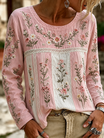 Casual Floral Crew Neck Long Sleeve T-shirt - Image 2