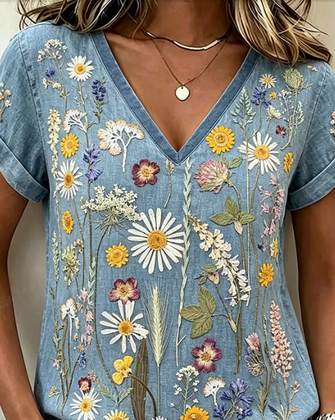 Vintage Floral V Neck Short Sleeve T-shirt - Image 2