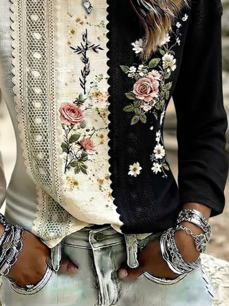 Casual Floral Crew Neck Long Sleeve T-shirt - Image 3