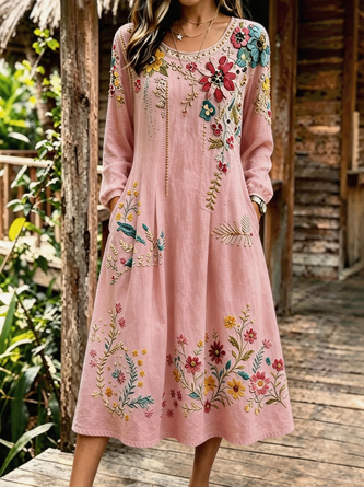 Women Floral Spring/Fall Dress Crew Neck Long Sleeve Linen H-Line Dress - Image 3