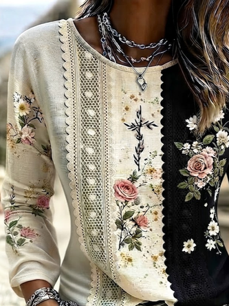 Casual Floral Crew Neck Long Sleeve T-shirt - Image 2