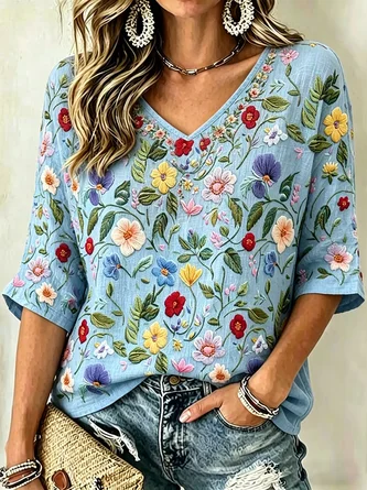 Vintage Floral V Neck Half Sleeve T-shirt