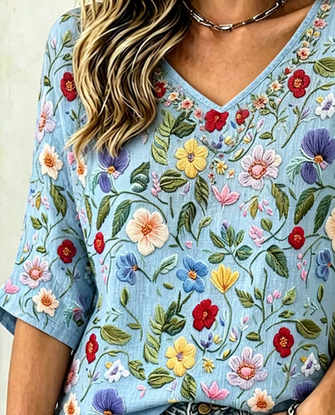 Vintage Floral V Neck Half Sleeve T-shirt - Image 3