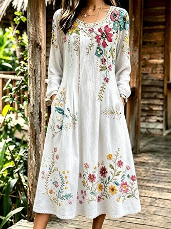 Women Floral Spring/Fall Dress Crew Neck Long Sleeve Linen H-Line Dress