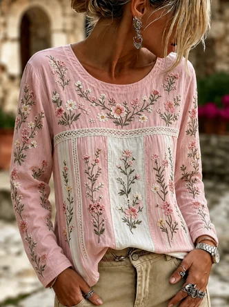 Casual Floral Crew Neck Long Sleeve T-shirt
