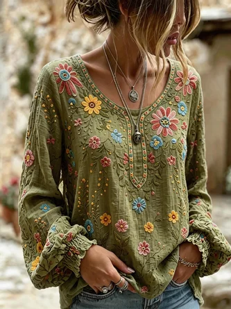 Crew Neck Long Sleeve Geometric Printing Lightweight Micro-Elasticity Loose Blouse For Women