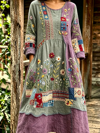 Women Floral Spring/Fall Dress Crew Neck Long Sleeve Linen H-Line Dress - Image 2