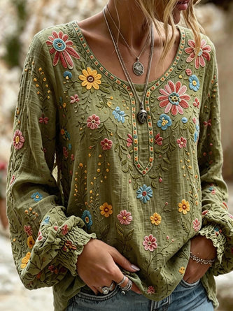 Crew Neck Long Sleeve Geometric Printing Lightweight Micro-Elasticity Loose Blouse For Women - Image 2