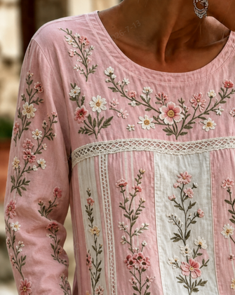 Casual Floral Crew Neck Long Sleeve T-shirt - Image 3